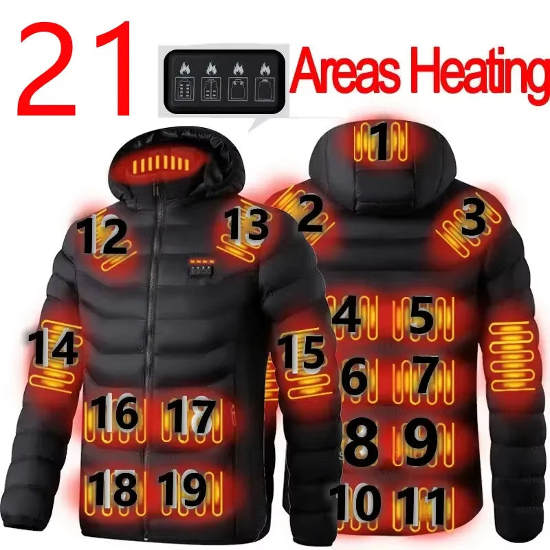 Men 21 Areas Heated Jacket USB Winter Outdoor Electric Heating Jackets Warm Sprots Thermal Coat Clothing Heatable Cotton Jacket